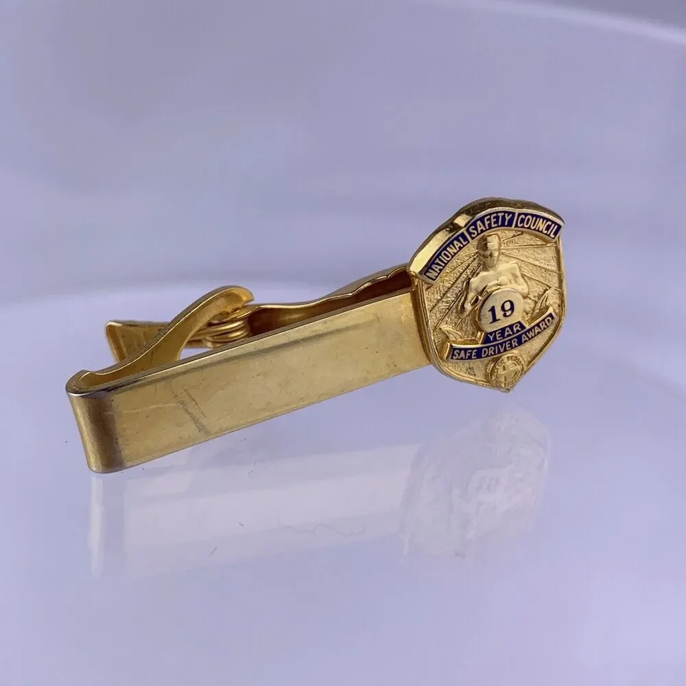 National Safety Council Safe Driver Award Tie Clip Bar 19 Year Gold Tone Vintage